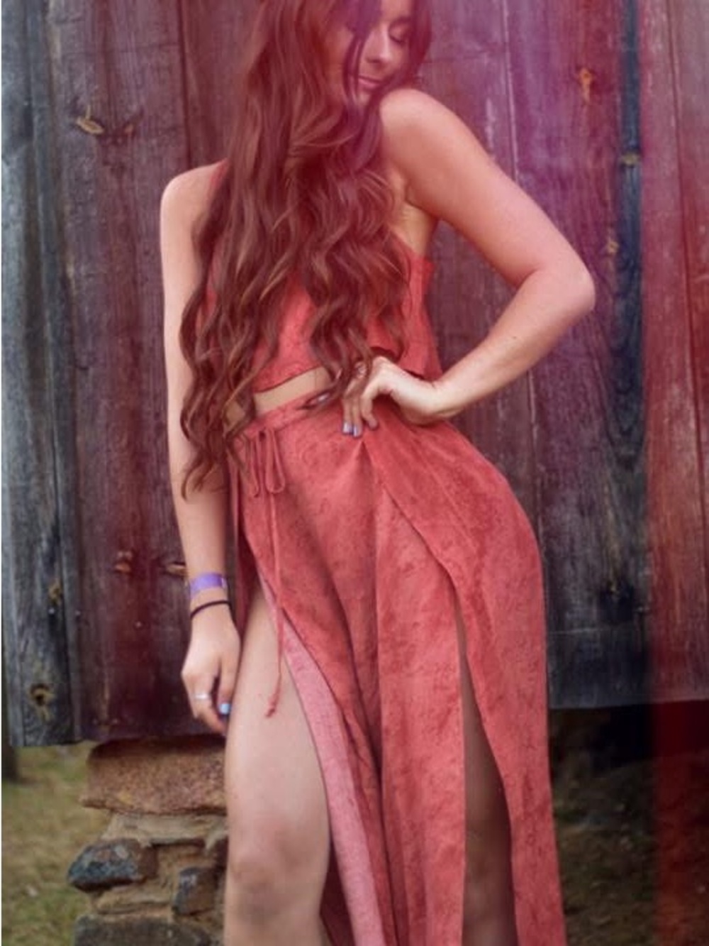 Rust Red Two-Piece Crop Top & High-Slit pant Set